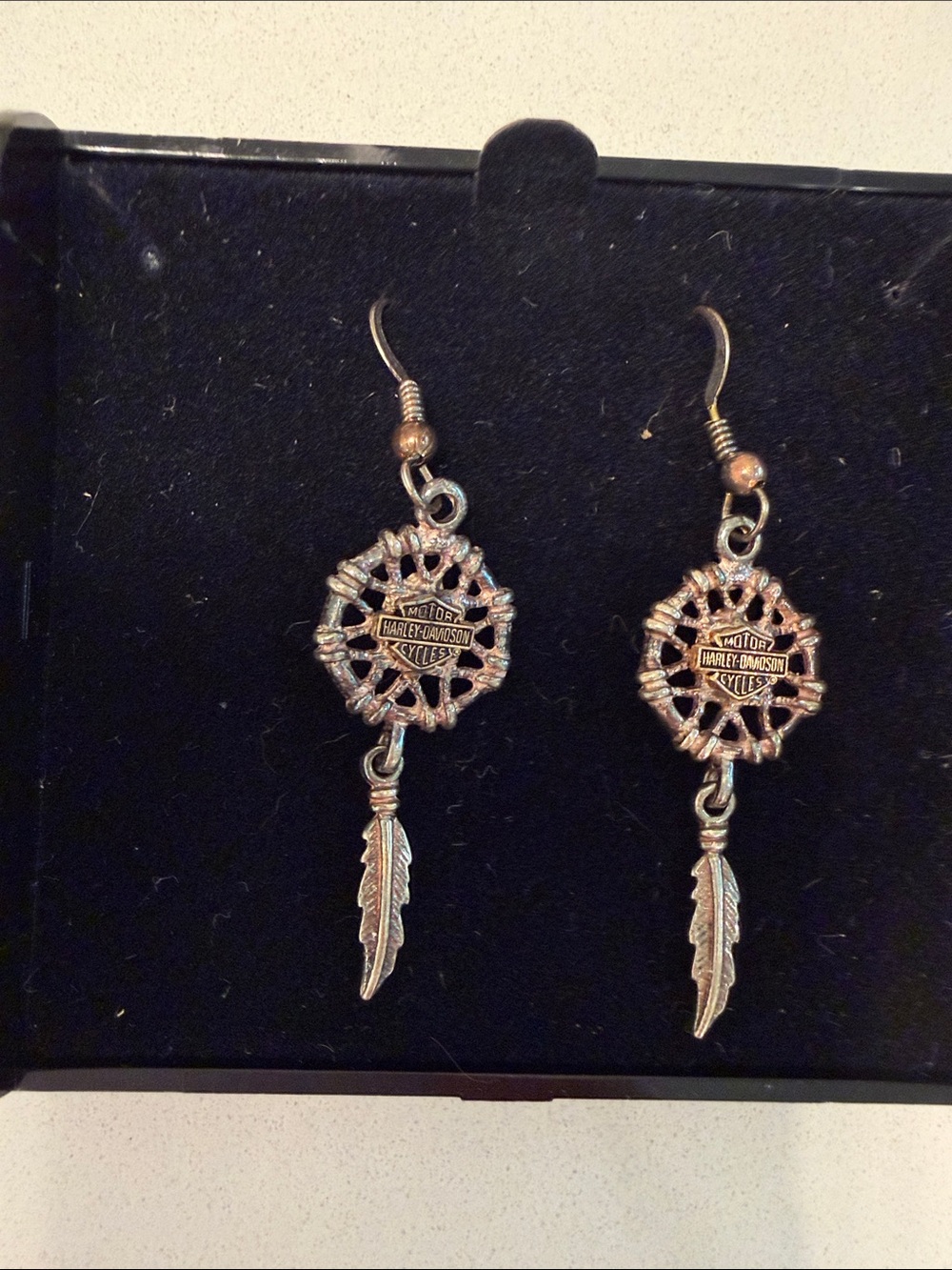 Vintage Harley-Davidson Antique Silver Dreamcatcher Feather Drop Earrings